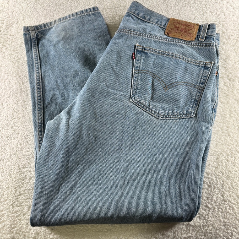 Levis 550 Relaxed Fit Straight Mens Tag 44x30 Western Light Wash Blue‎ Denim